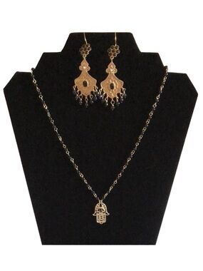 🆕 Yellow Gold Filigree Hamsa Evil Eye 🧿 Necklace🪬and Earrings set